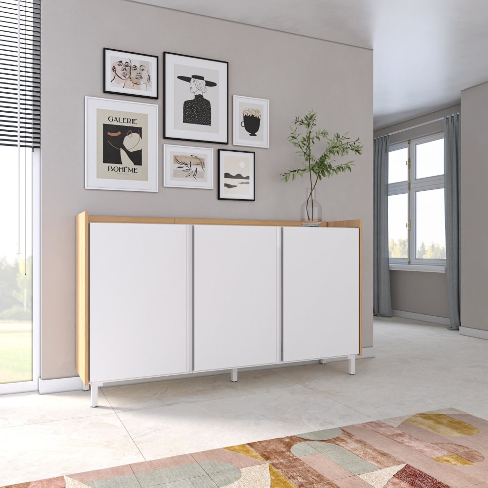 Skraut home Sideboard Holzeffekt weiß und eiche 156x35x91cm mit Beinen style modern - Spanplatte