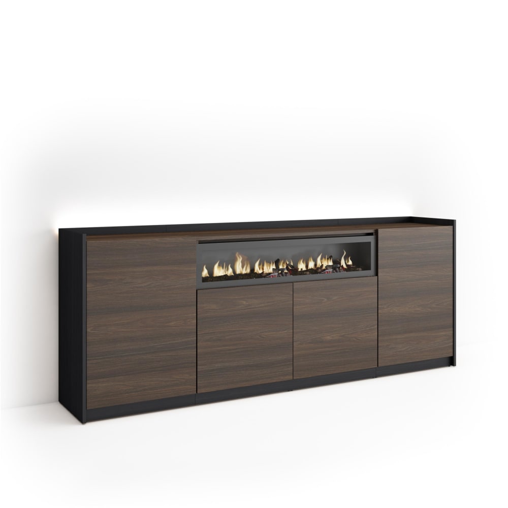 Buffet effet bois de chêne et noir 207x37x80cm cheminée effet feu