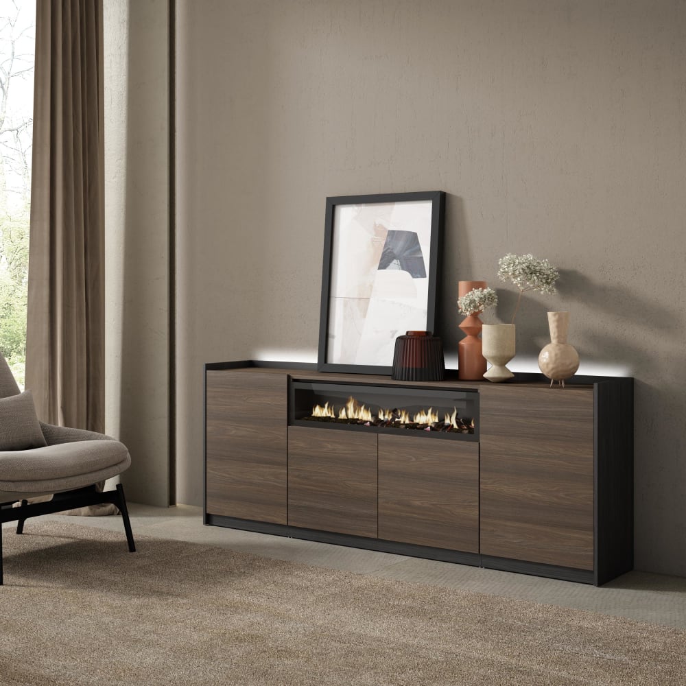 Skraut home Sideboard Holzeffekt eiche schwarz 207x37x80cm Kamin mit Feuereffekt style modern Braun Spanplatte