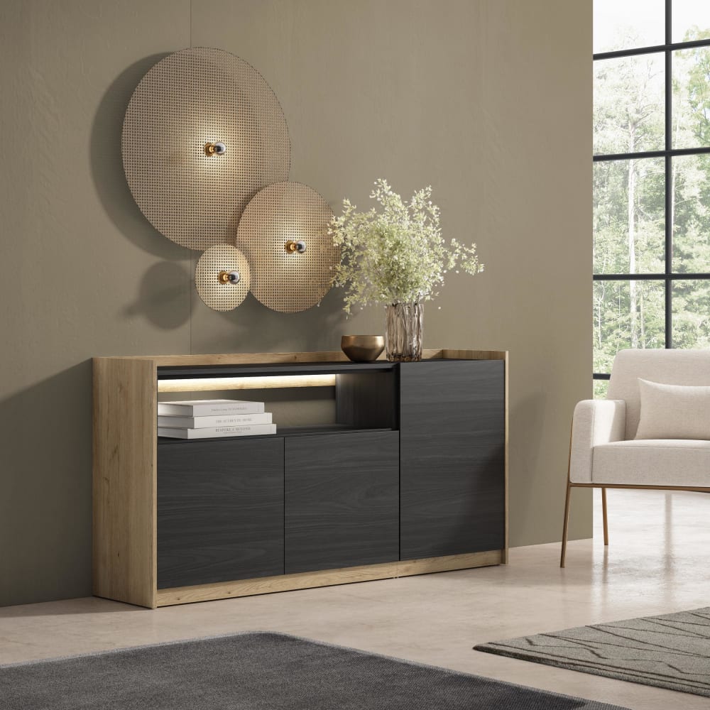 Skraut home Sideboard Holzeffekt schwarz und eiche 156x37x80cm mit Led style modern - Spanplatte
