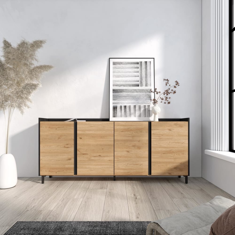 Skraut home Sideboard Holzeffekt eiche und schwarz 207x35x91cm mit Beinen style modern Beige Spanplatte