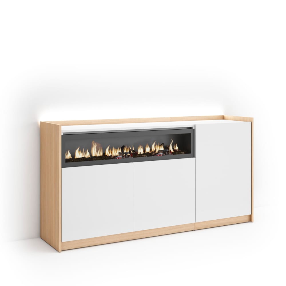 Buffet effet bois blanc et chêne 156x37x80cm cheminée effet feu