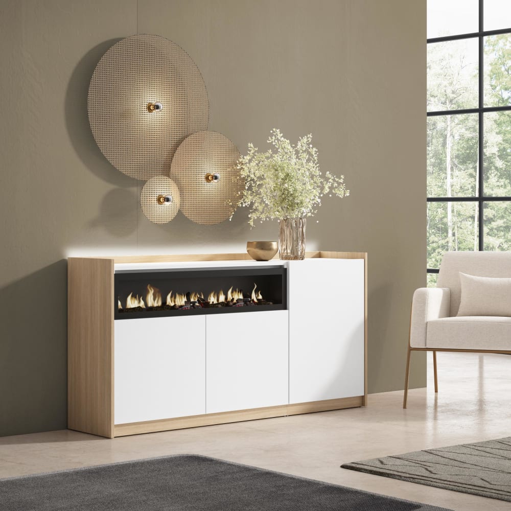 Skraut home Sideboard Holzeffekt weiß und eiche 156x37x80cm Kamin mit Feuereffekt style modern - Spanplatte