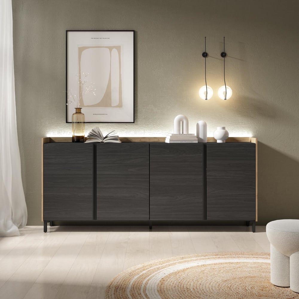 Skraut home Sideboard Holzeffekt schwarz und eiche 207x35x91cm mit Beinen style modern - Spanplatte