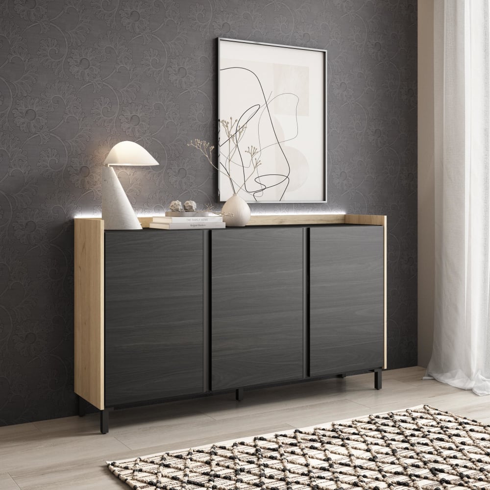 Skraut home Sideboard Holzeffekt schwarz und eiche 156x35x91cm mit Beinen style modern - Spanplatte
