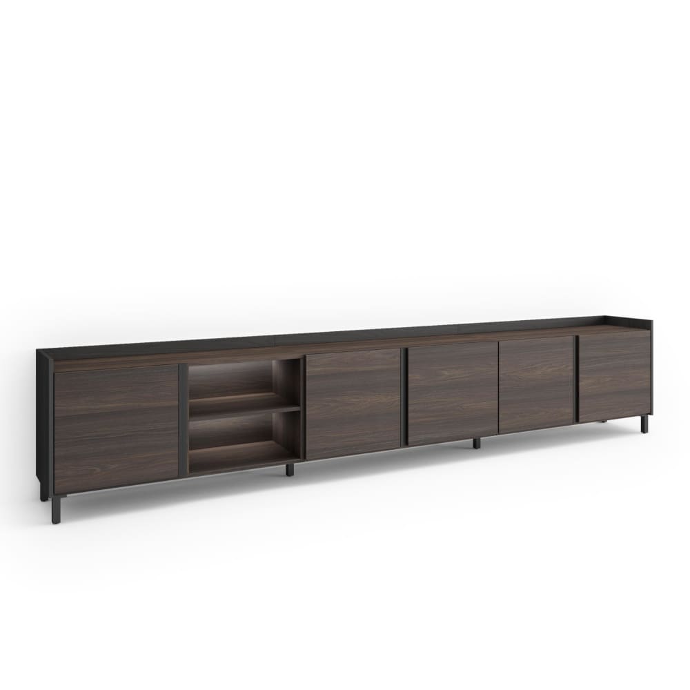 Meuble tv effet bois de chêne foncé et noir 309x35x61cm avec pieds