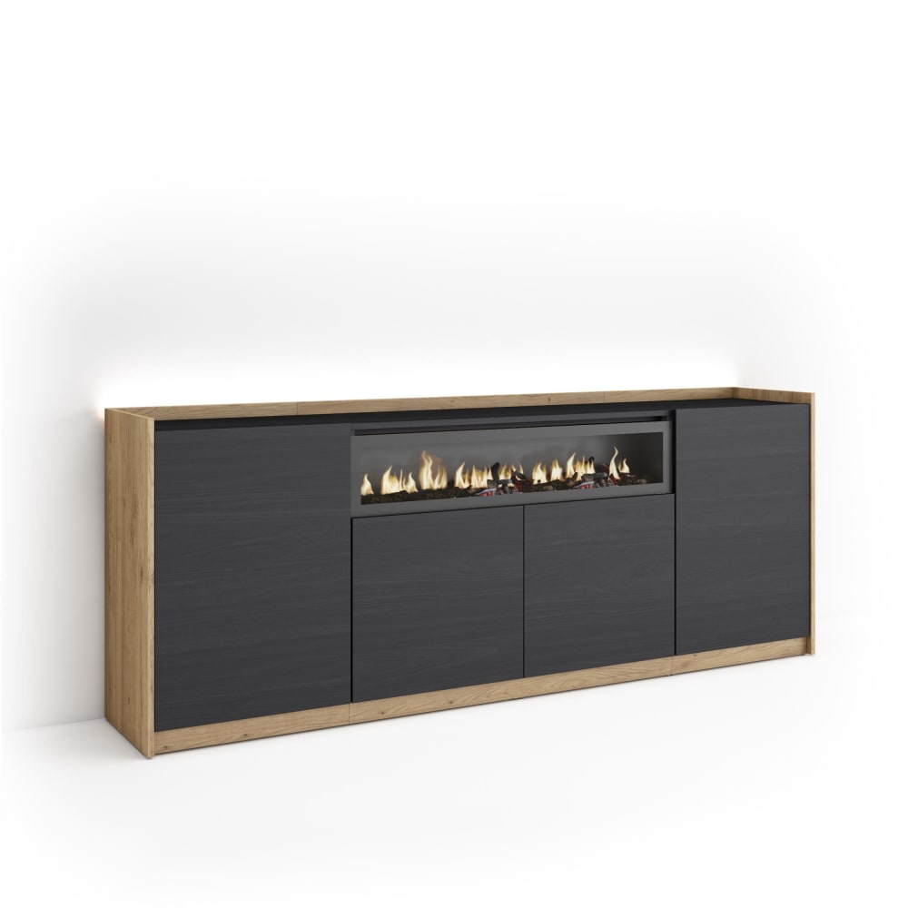 Buffet effet bois noir et chêne 207x37x80cm cheminée effet feu