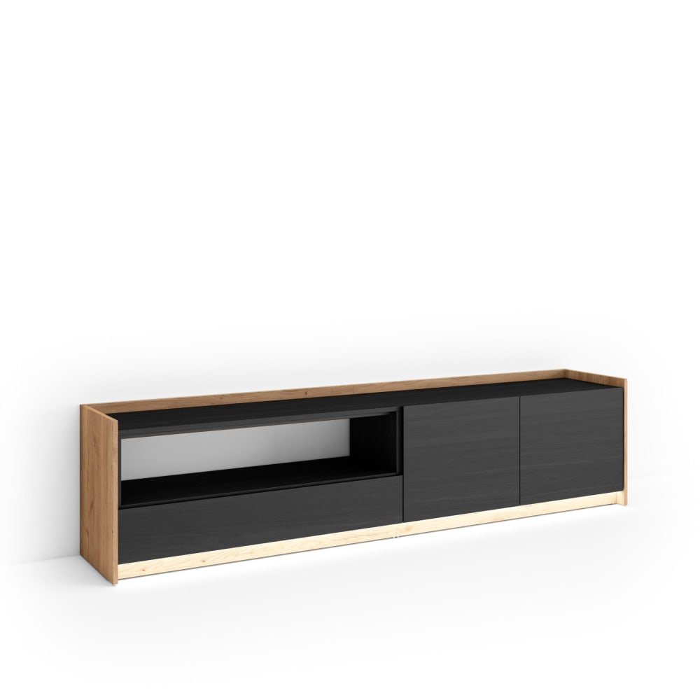 Meuble tv effet bois noir et chêne 207x37x50cm avec led