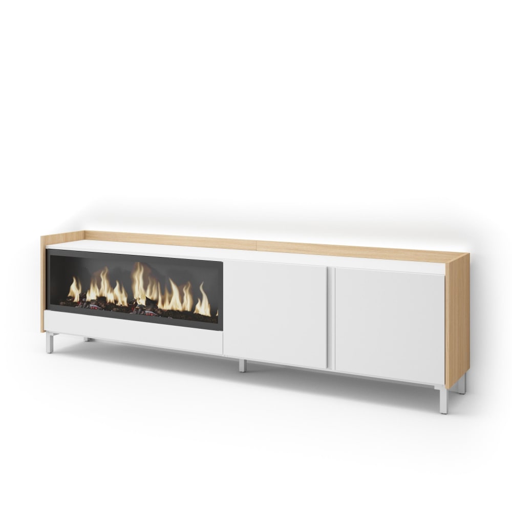Meuble tv effet bois blanc et chêne 212x35x61cm cheminée effet feu XXL