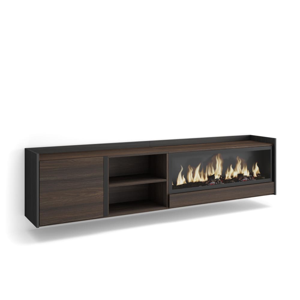 Meuble tv effet bois de chêne et noir 212x35x50cm cheminée effet feu