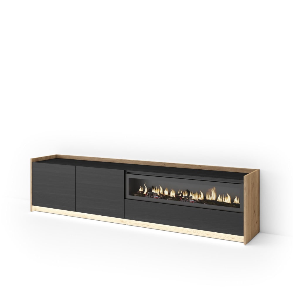 Meuble tv effet bois noir et chêne 207x37x50cm cheminée effet feu