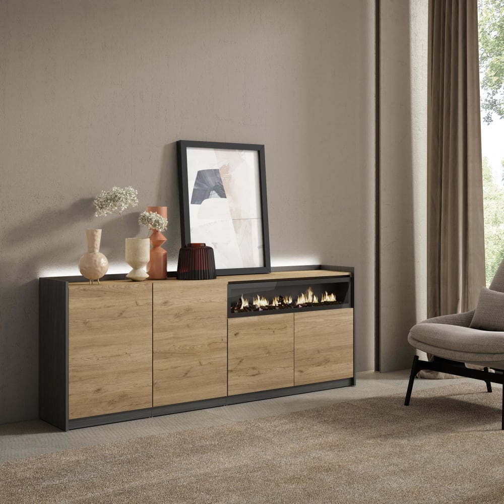 Skraut home Sideboard Holzeffekt eiche schwarz 207x37x80cm Kamin mit Feuereffekt style modern Beige Spanplatte