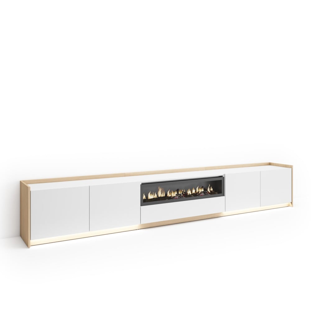 Meuble tv effet bois blanc et chêne 310x37x50cm cheminée effet feu