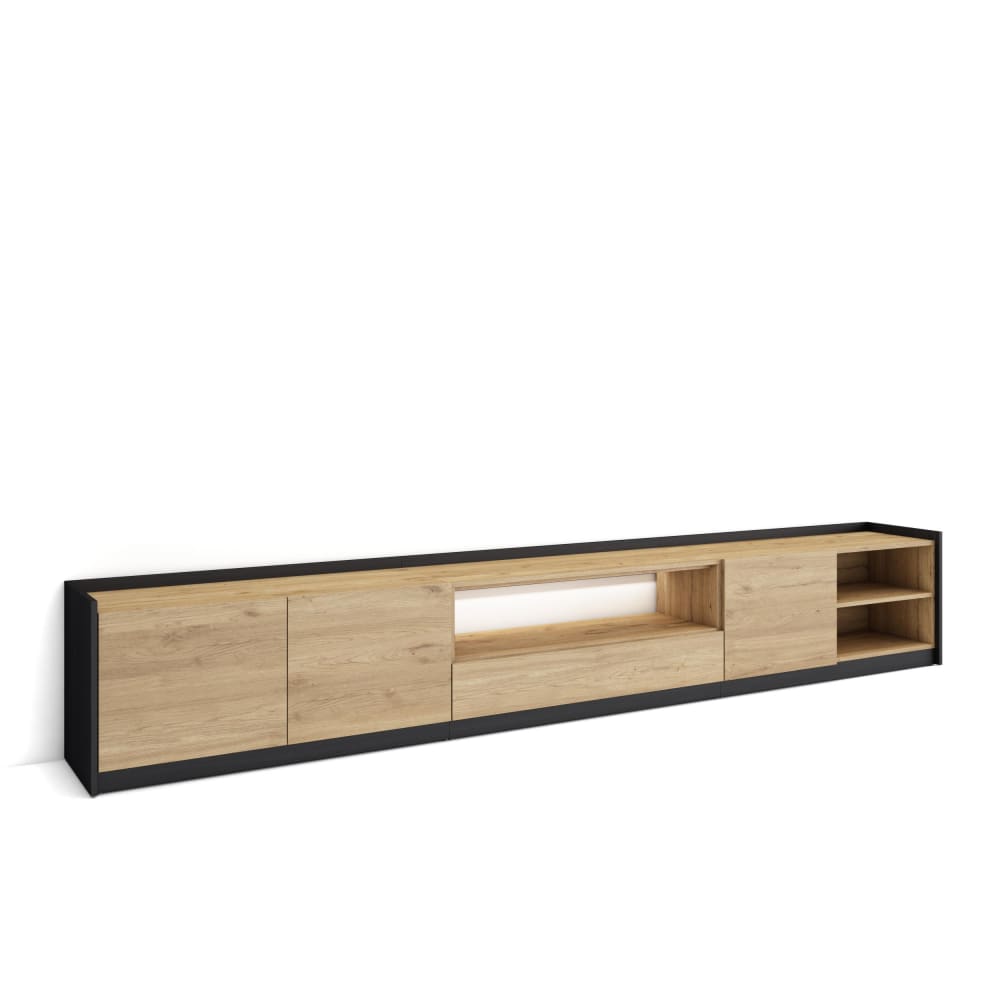 Meuble tv effet bois de chêne et noir 310x37x50cm avec led
