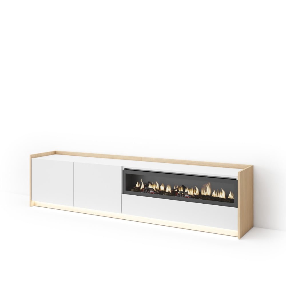 Meuble tv effet bois blanc et chêne 207x37x50cm cheminée effet feu