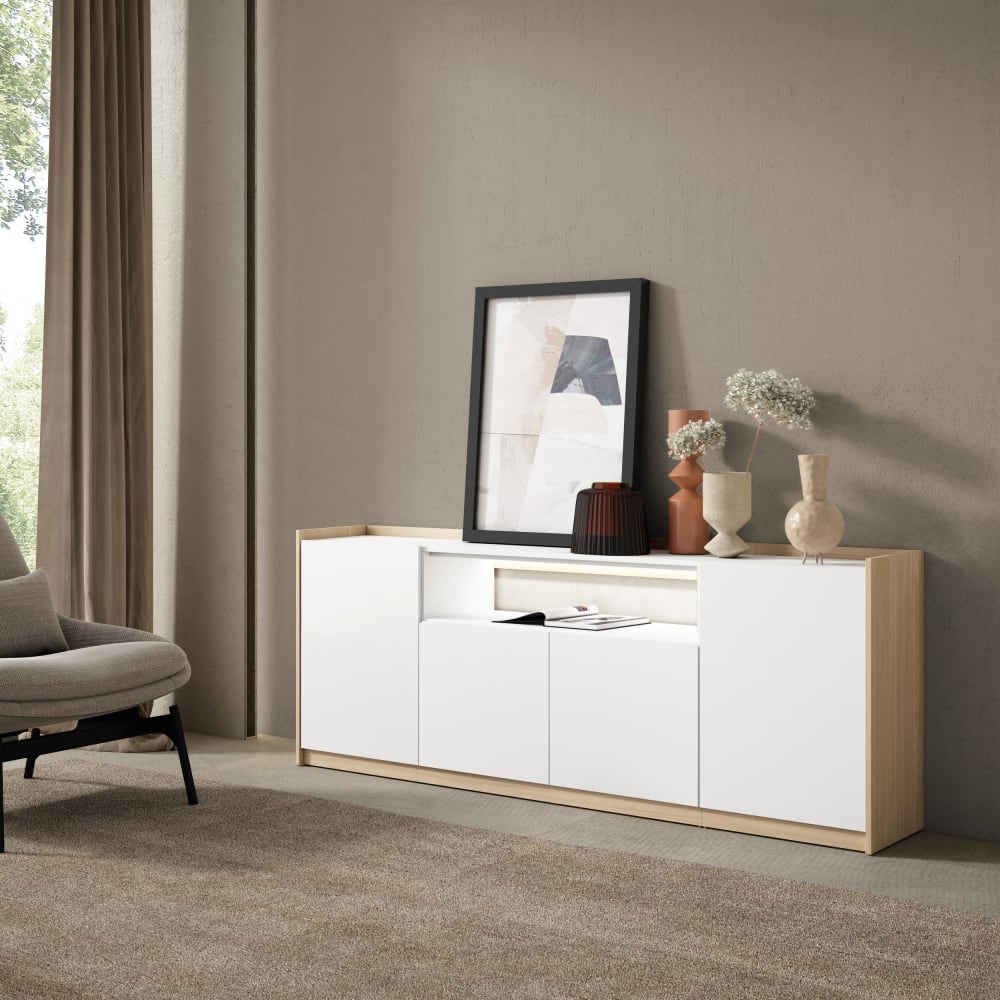 Skraut home Sideboard Holzeffekt weiß und eiche 207x37x80cm mit Led style modern - Spanplatte
