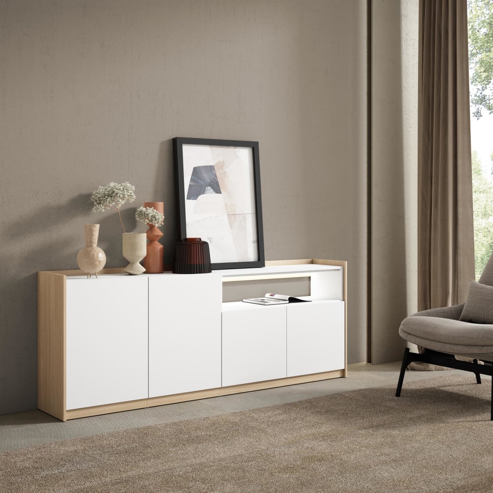 Skraut home Sideboard Holzeffekt weiß und eiche 207x37x80cm mit Led style modern - Spanplatte
