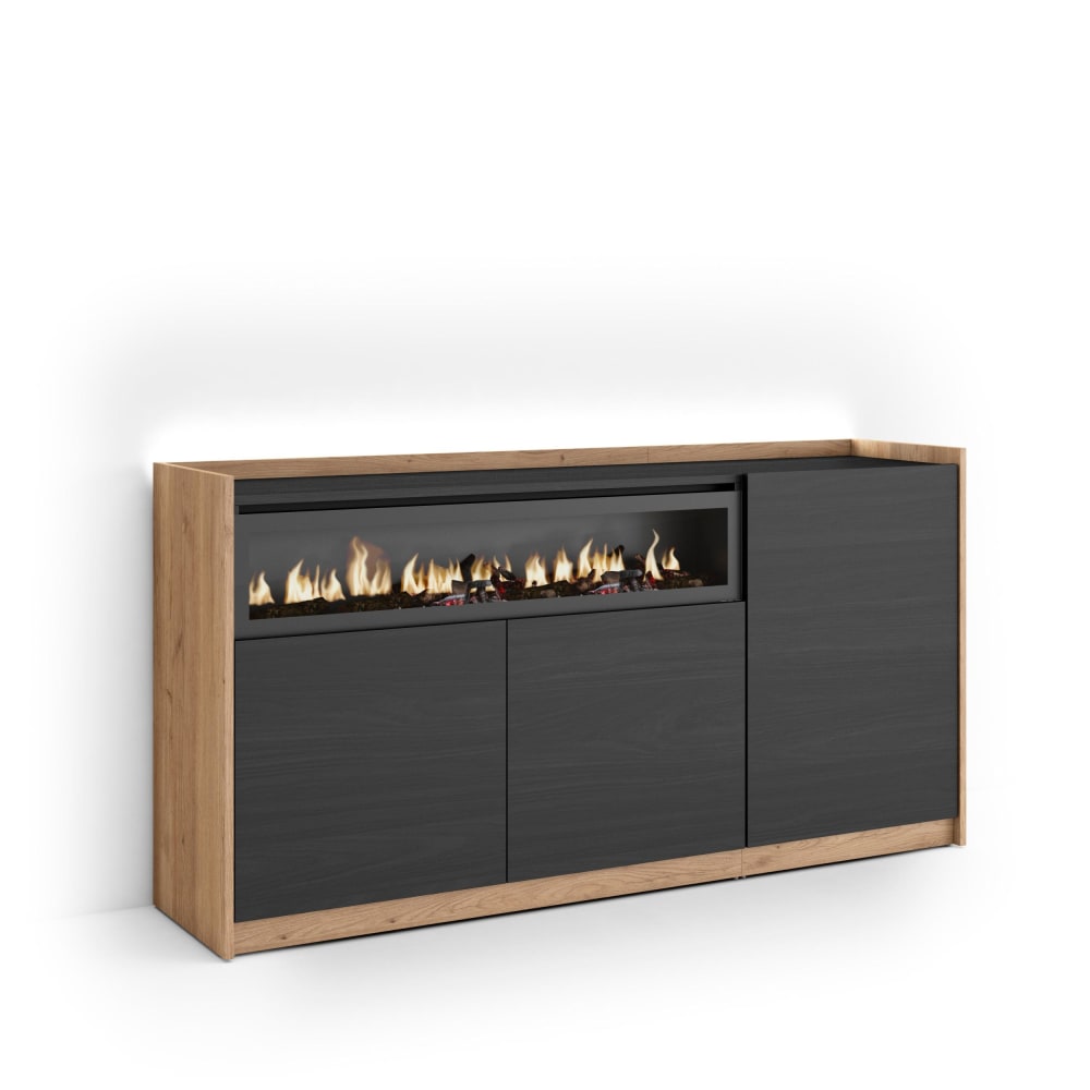 Buffet effet bois noir et chêne 156x37x80cm cheminée effet feu