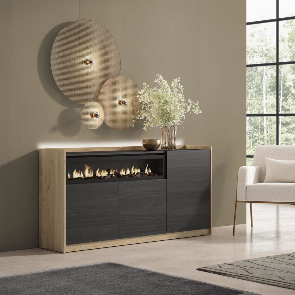 Skraut home Sideboard Holzeffekt schwarz eiche 156x37x80cm Kamin mit Feuereffekt style modern - Spanplatte