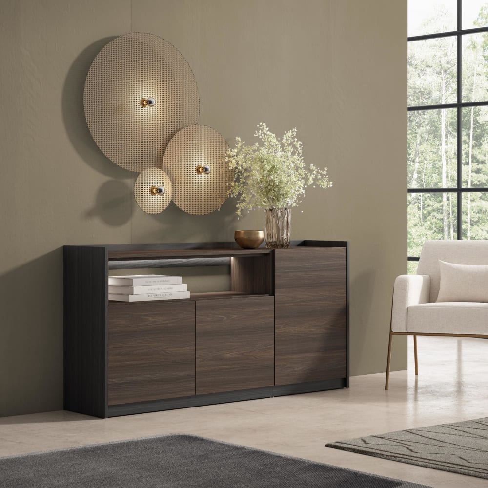 Skraut home Sideboard Holzeffekt dunkler eiche und schwarz 156x37x80cm mit Led style modern Braun Spanplatte