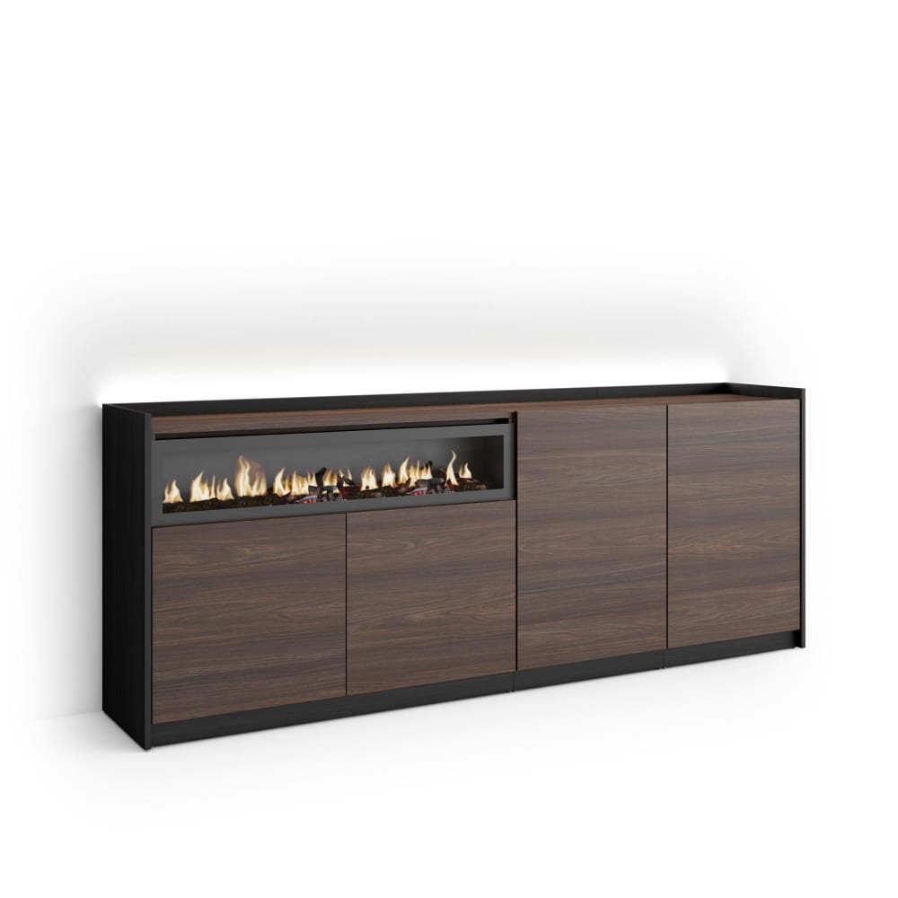 Buffet effet bois de chêne et noir 207x37x80cm cheminée effet feu
