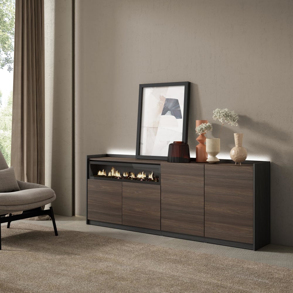 Skraut home Sideboard Holzeffekt eiche schwarz 207x37x80cm Kamin mit Feuereffekt style modern Braun Spanplatte