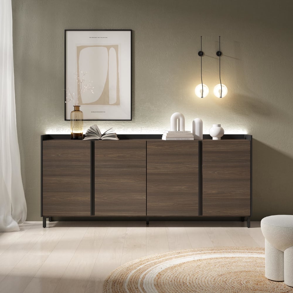 Skraut home Sideboard Holzeffekt dunkler eiche und schwarz 207x35x91cm mit Beinen style modern Braun Spanplatte