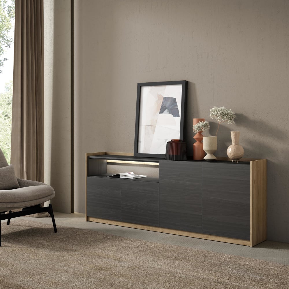 Skraut home Sideboard Holzeffekt schwarz und eiche 207x37x80cm mit Led style modern - Spanplatte