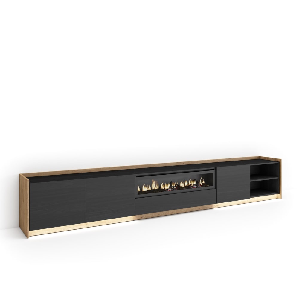 Meuble tv effet bois noir et chêne 310x37x50cm cheminée effet feu