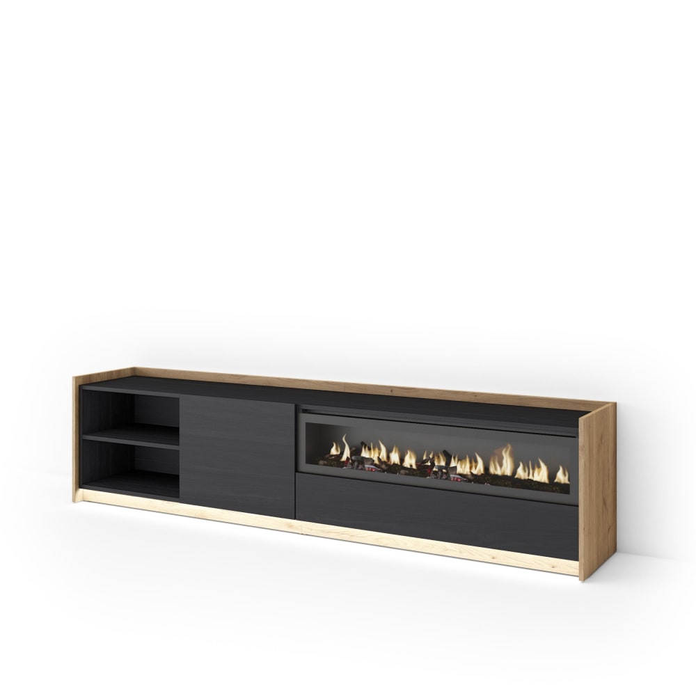Meuble tv effet bois noir et chêne 207x37x50cm cheminée effet feu
