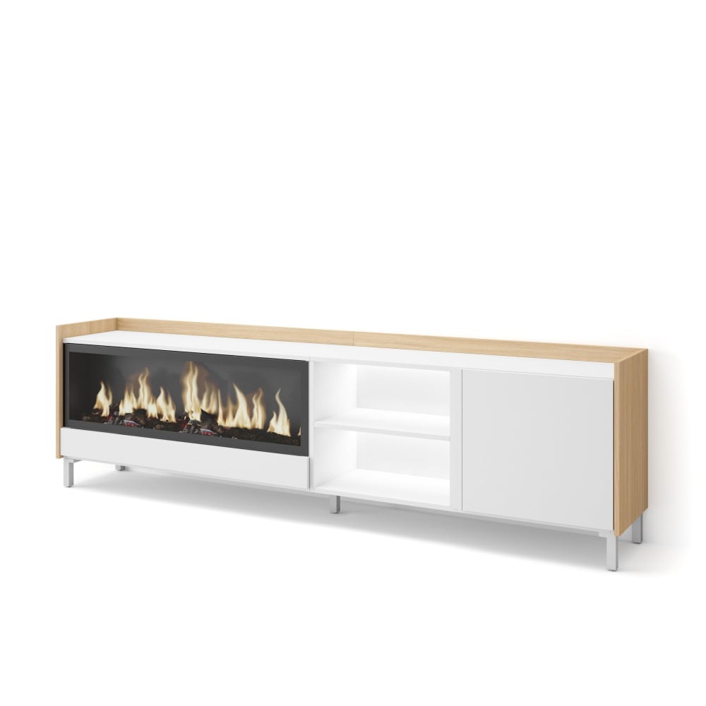 Meuble tv effet bois blanc et chêne 212x35x61cm cheminée effet feu XXL
