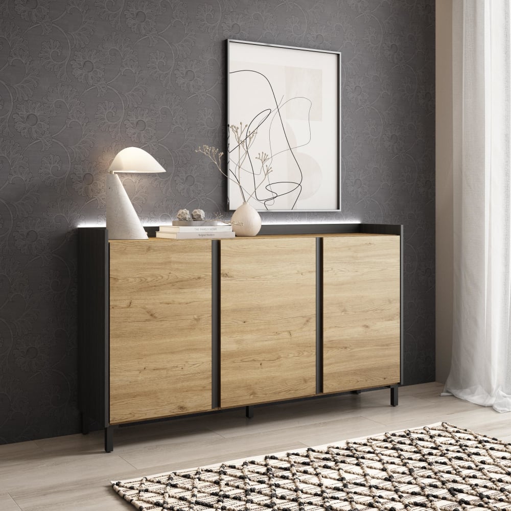 Skraut home Sideboard Holzeffekt eiche und schwarz 156x35x91cm mit Beinen style modern Beige Spanplatte