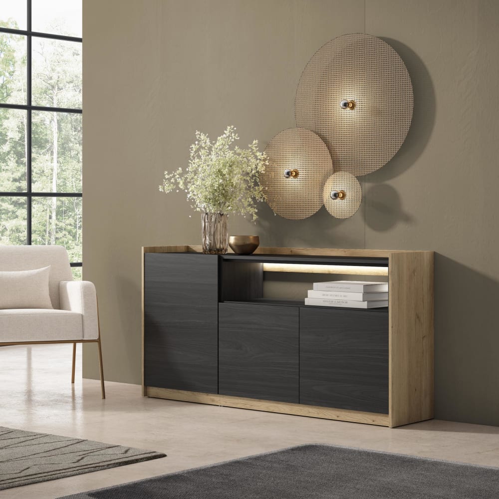 Skraut home Sideboard Holzeffekt schwarz und eiche 156x37x80cm mit Led style modern - Spanplatte