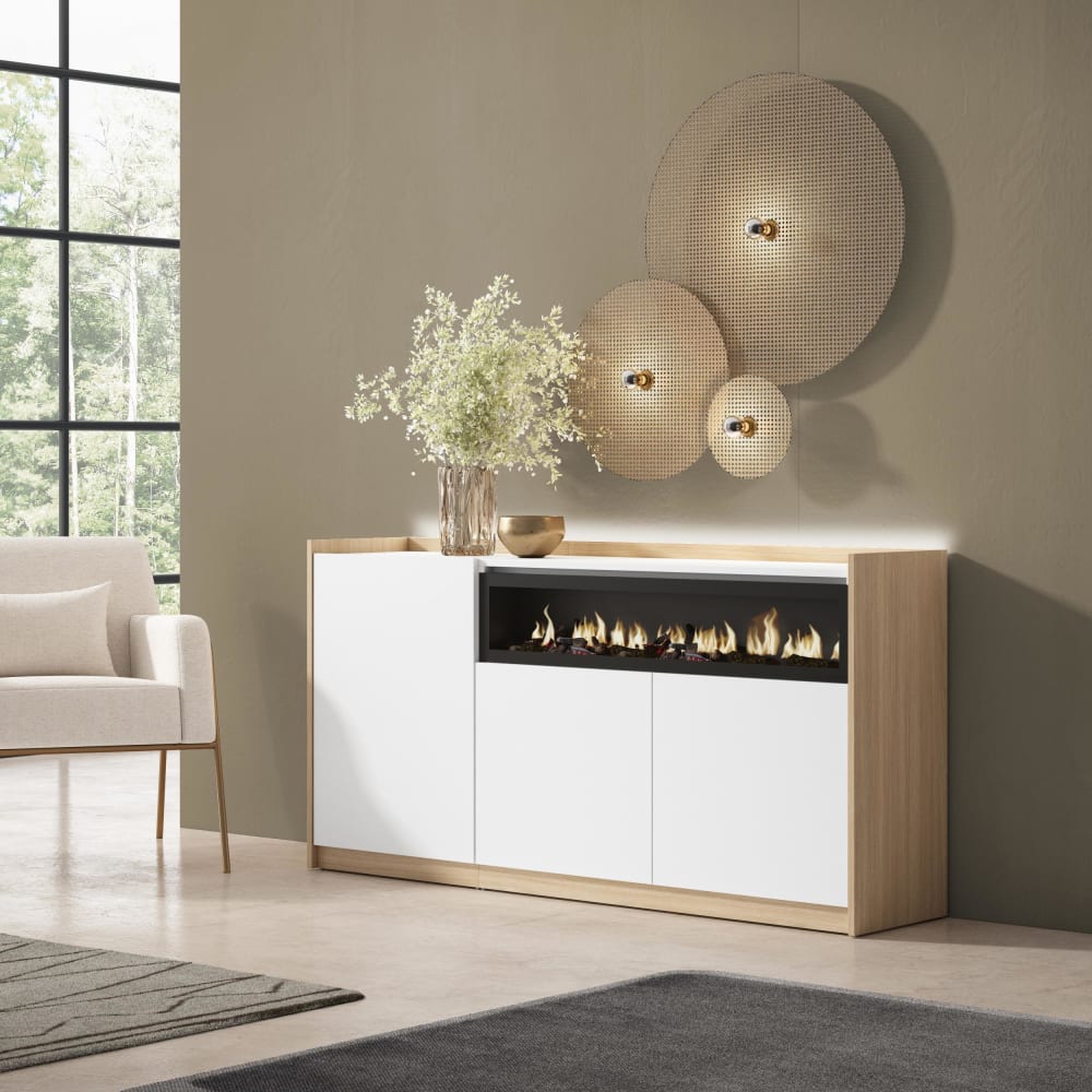 Skraut home Sideboard Holzeffekt weiß und eiche 156x37x80cm Kamin mit Feuereffekt style modern - Spanplatte