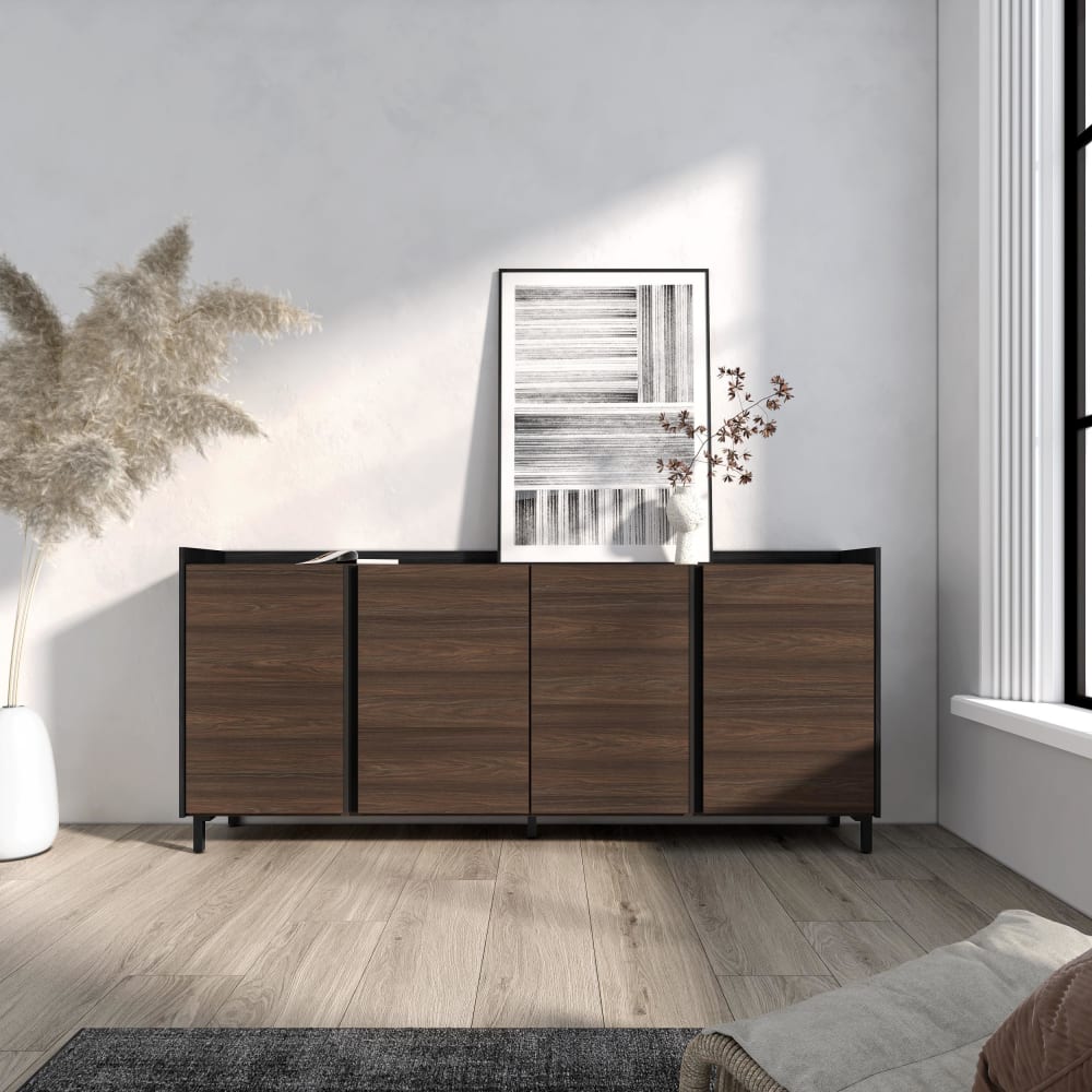 Skraut home Sideboard Holzeffekt dunkler eiche und schwarz 207x35x91cm mit Beinen style modern Braun Spanplatte