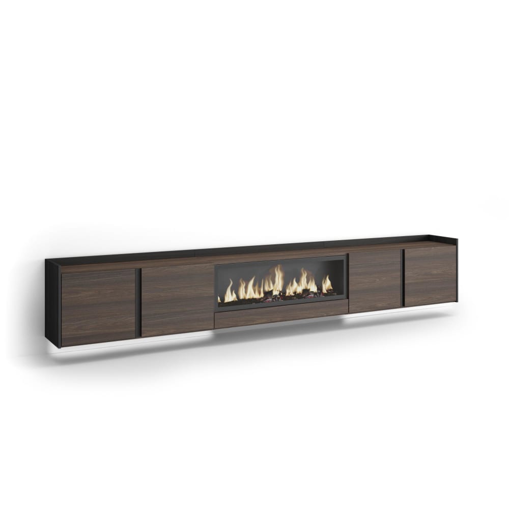 Meuble tv effet bois de chêne et noir 315x35x50cm cheminée effet feu
