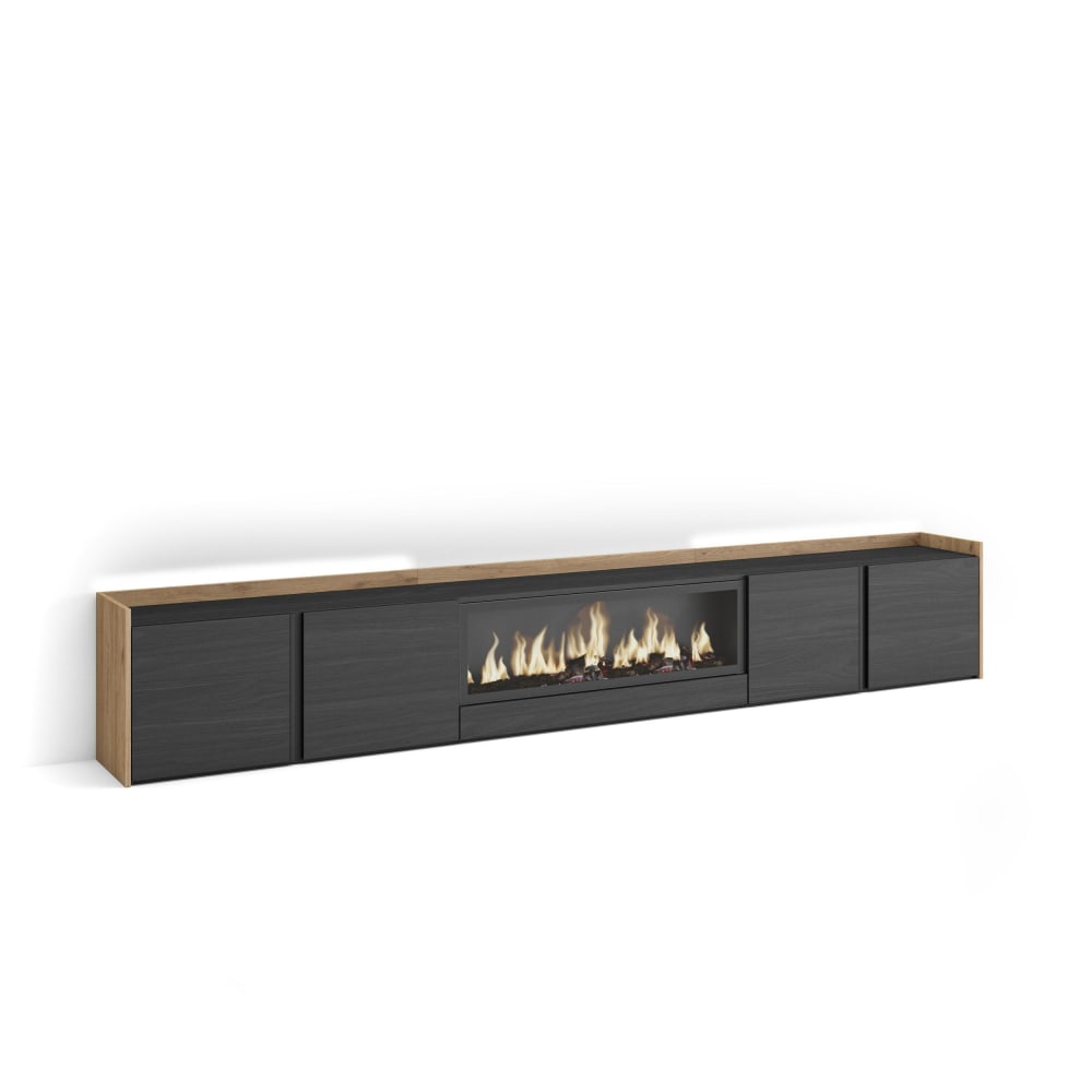 Meuble tv effet bois noir et chêne 315x35x50cm cheminée effet feu XXL