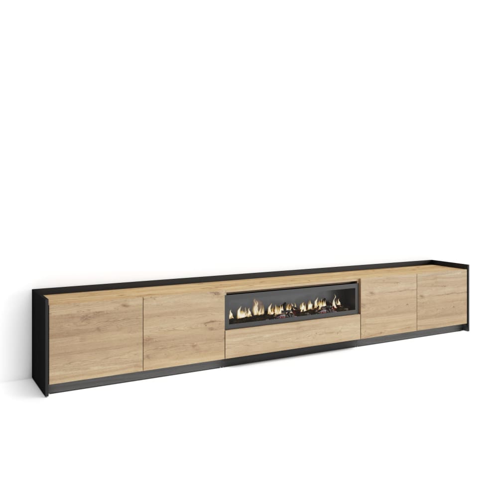 Meuble tv effet bois de chêne et noir 310x37x50cm cheminée effet feu