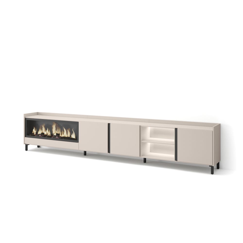 Meuble tv effet bois beige 315x35x61cm cheminée effet feu XXL