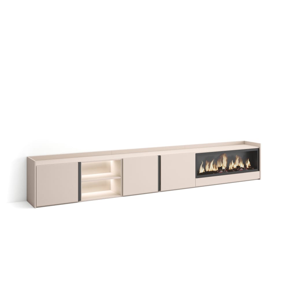 Meuble tv effet bois beige 315x35x50cm cheminée effet feu XXL