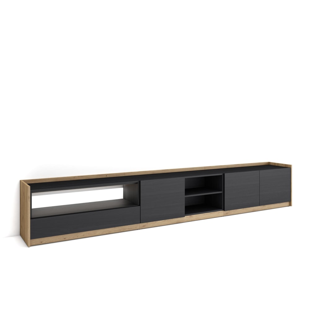 Meuble tv effet bois noir et chêne 310x37x50cm avec led