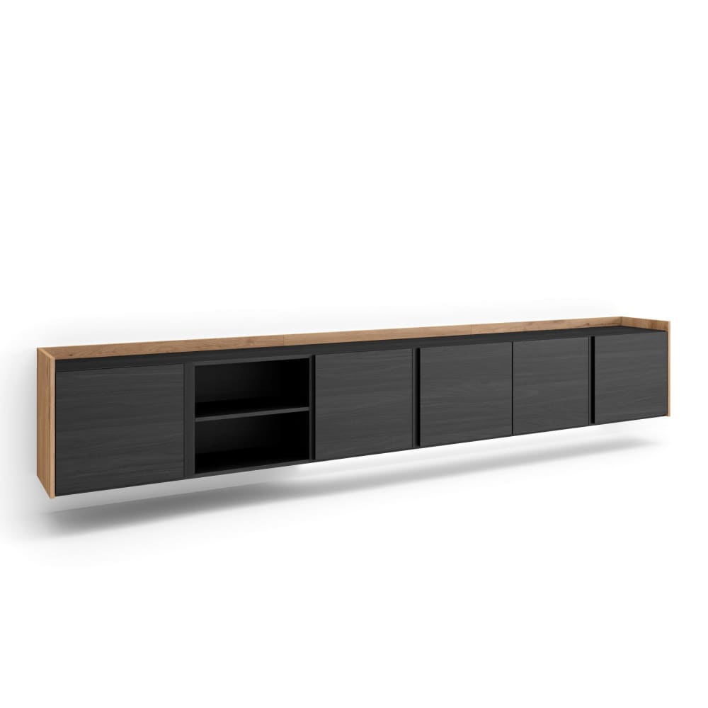 Meuble tv effet bois noir et chêne 309x35x50cm suspendu