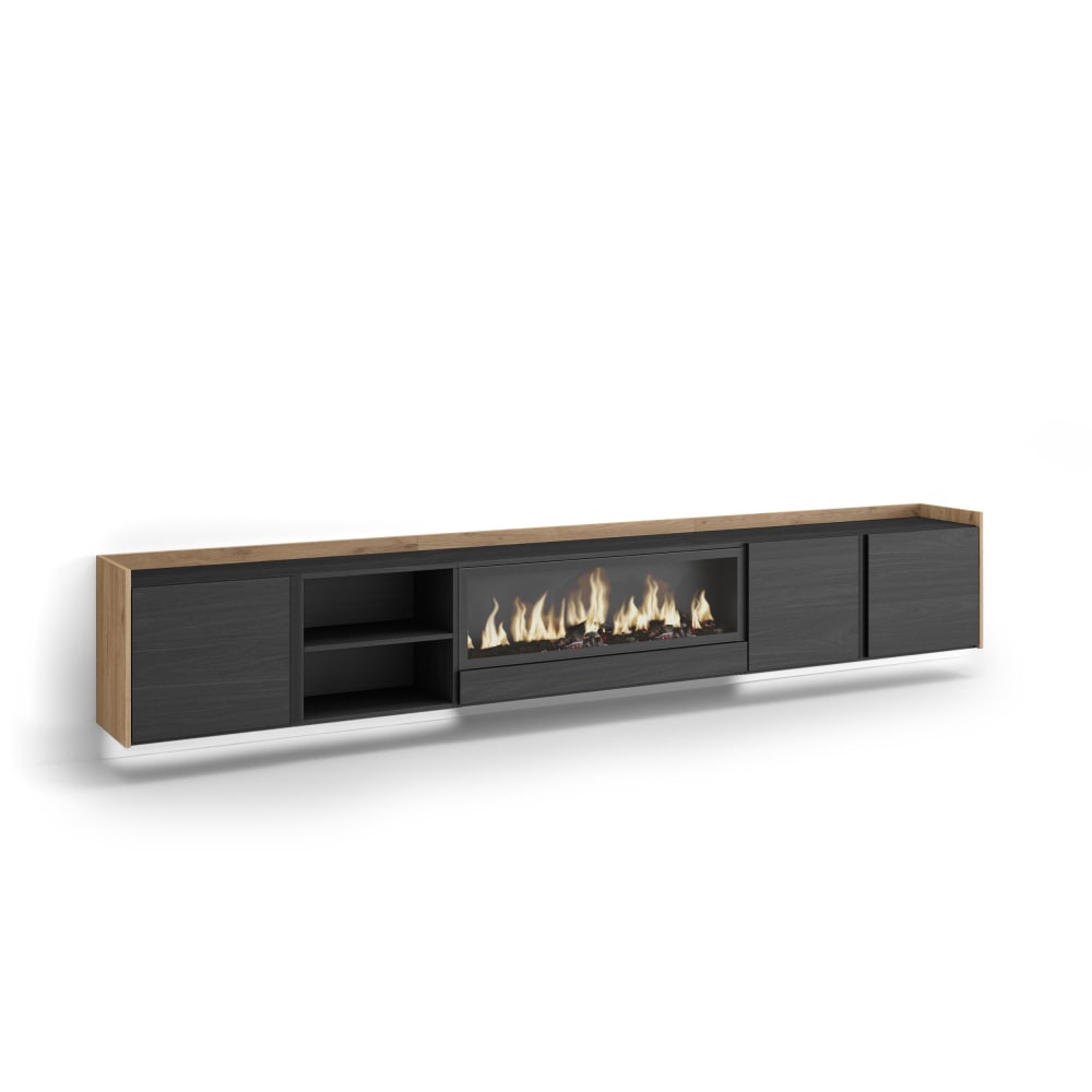 Meuble tv effet bois noir et chêne 315x35x50cm cheminée effet feu XXL