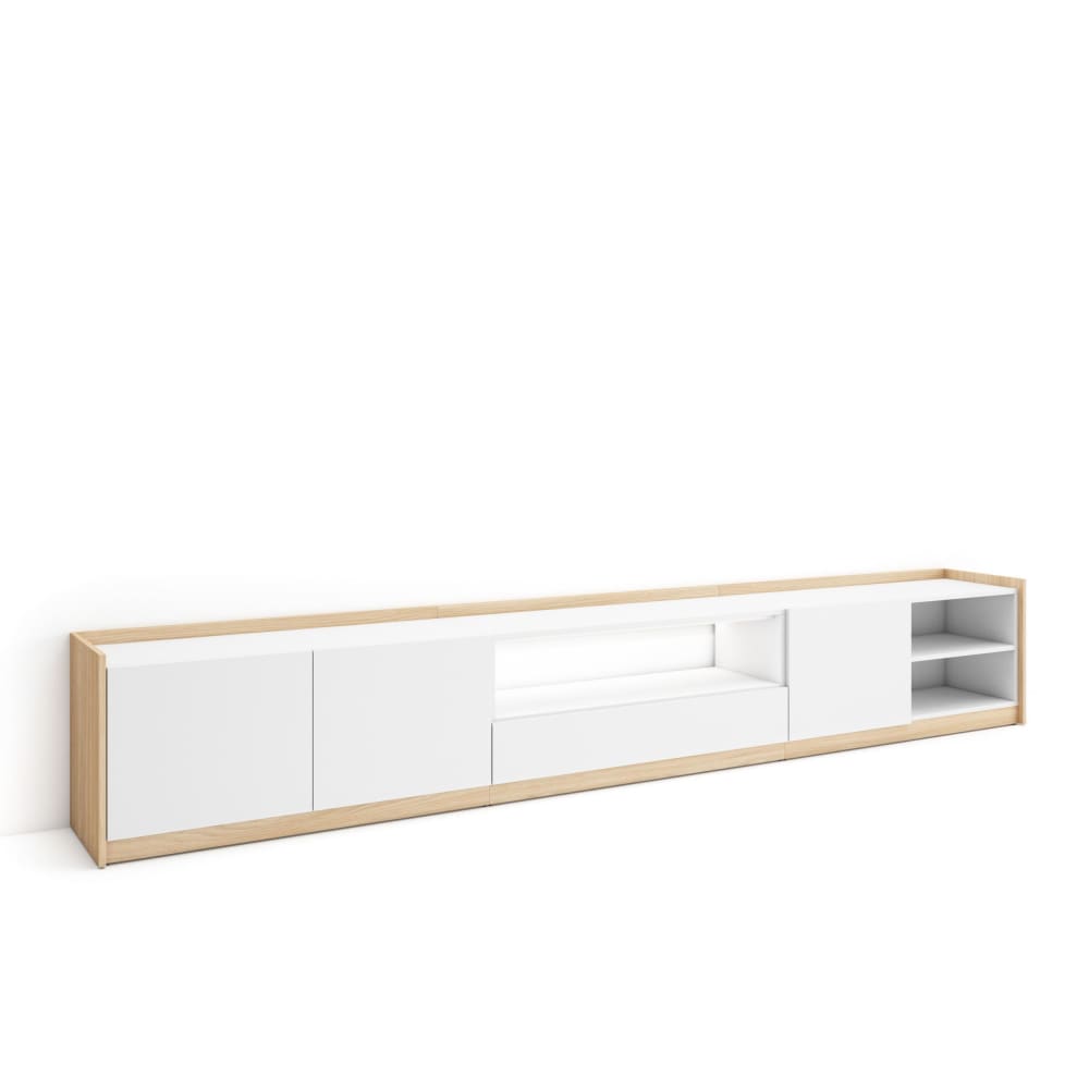 Meuble tv effet bois blanc et chêne 310x37x50cm avec led