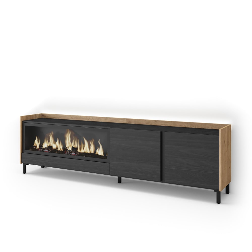 Meuble tv effet bois noir et chêne 212x35x61cm cheminée effet feu XXL