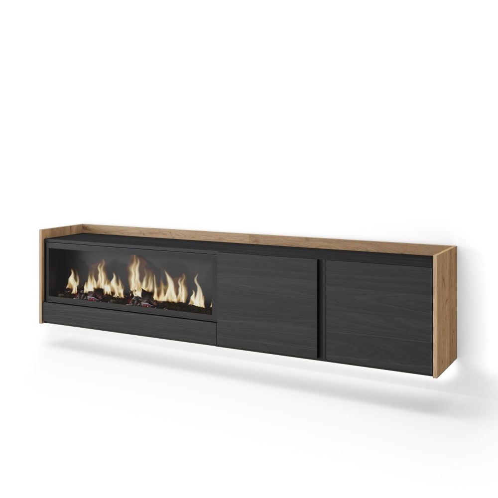 Meuble tv effet bois noir et chêne 212x35x50cm cheminée effet feu XXL