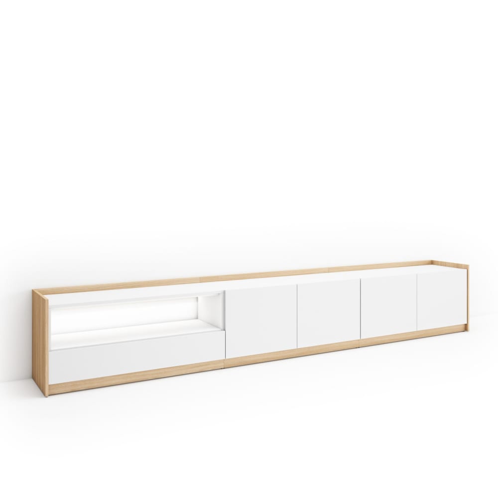 Meuble tv effet bois blanc et chêne 310x37x50cm avec led