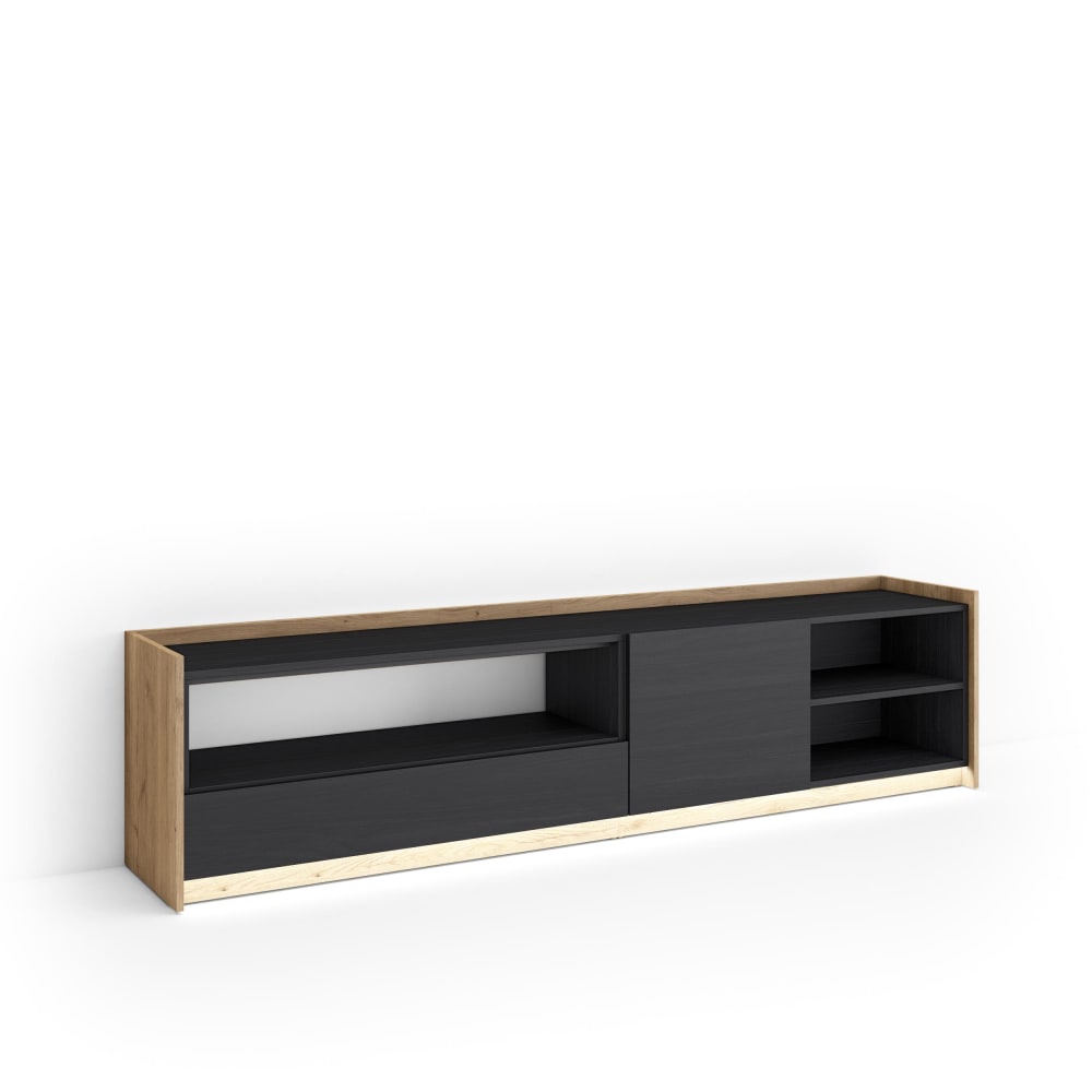 Meuble tv effet bois noir et chêne 207x37x50cm avec led
