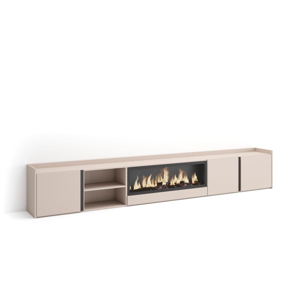 Meuble tv effet bois beige 315x35x50cm cheminée effet feu XXL