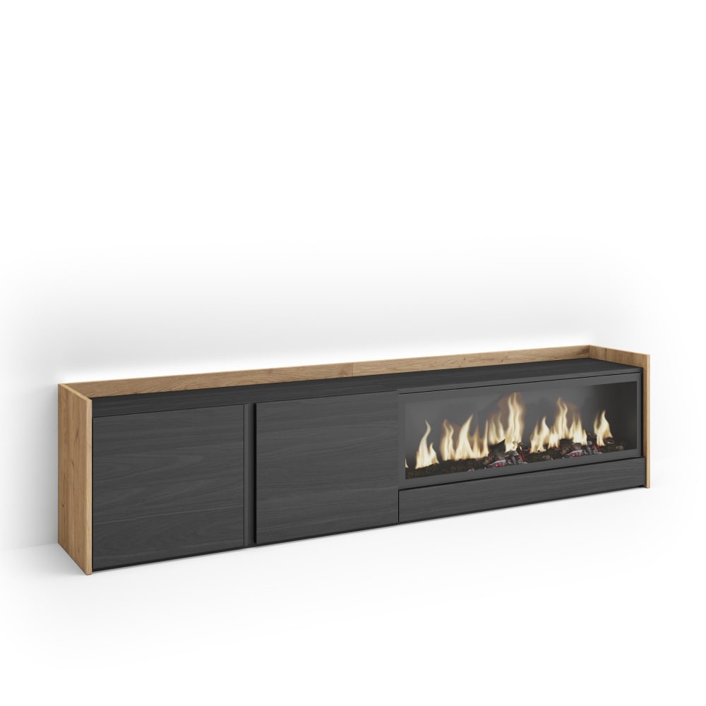 Meuble tv effet bois noir et chêne 212x35x50cm cheminée effet feu XXL